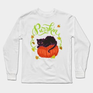 Funny Halloween Black Cat on Pumpkin Purrkin Fall Autumn Long Sleeve T-Shirt